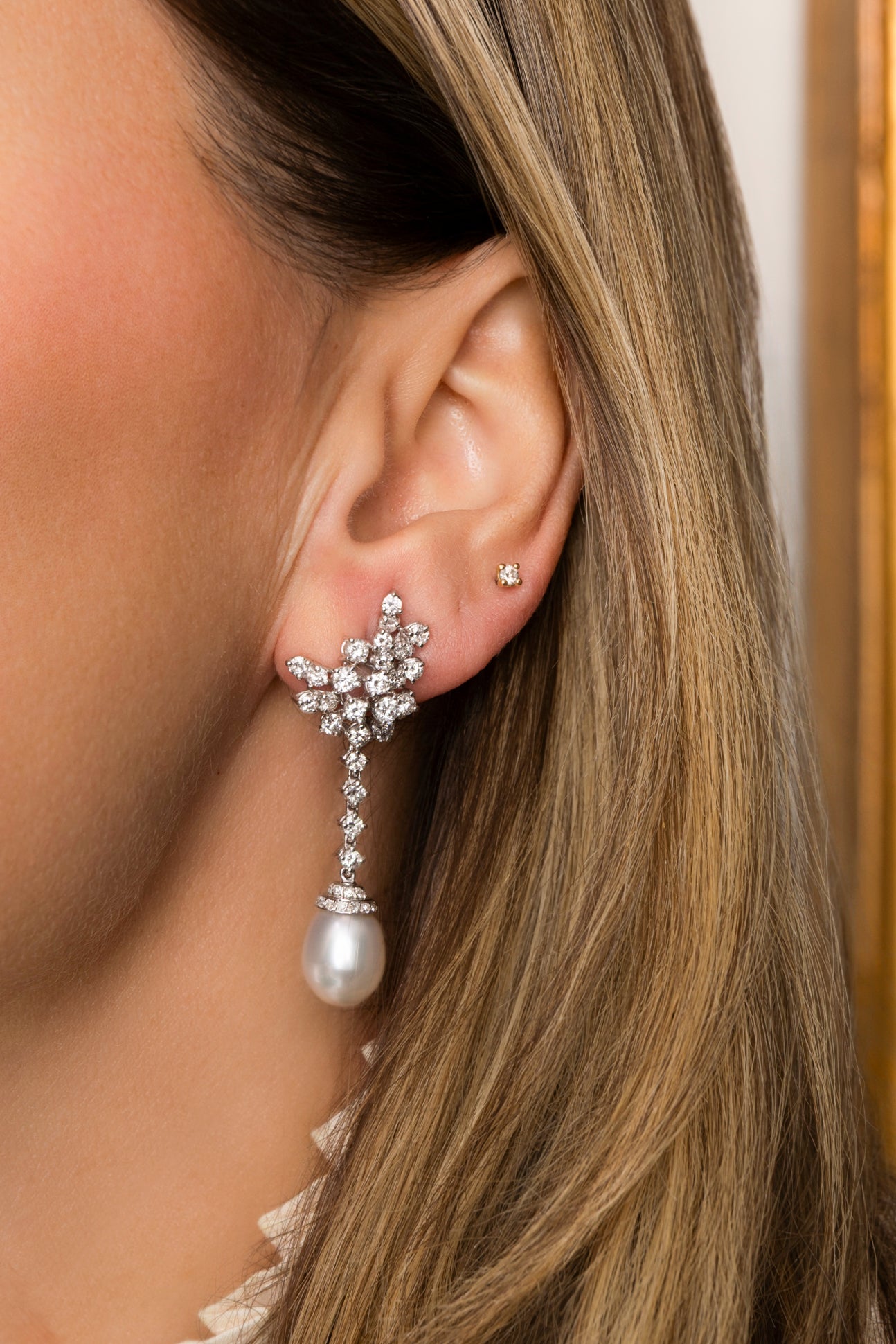 Pendientes largos de Perlas y Diamantes
