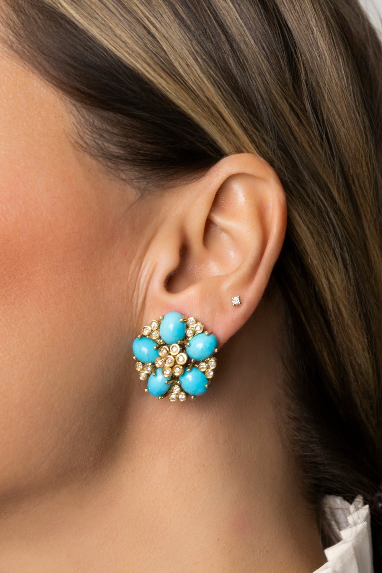 Pendientes Vintage Flor de Turquesas y Diamantes